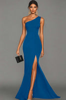 Load image into Gallery viewer, Black Mermaid One Shoulder Satin Long Formal Dress with Slit