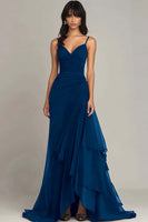 Load image into Gallery viewer, Ink Blue Sheath Chiffon Long Formal Dress with Ruffles