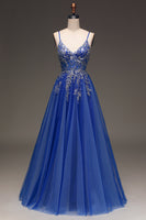 Load image into Gallery viewer, Tulle Spaghetti Straps Royal Blue Ball Gown with Sequins