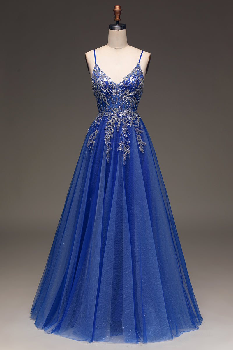 Load image into Gallery viewer, Tulle Spaghetti Straps Royal Blue Ball Gown with Sequins