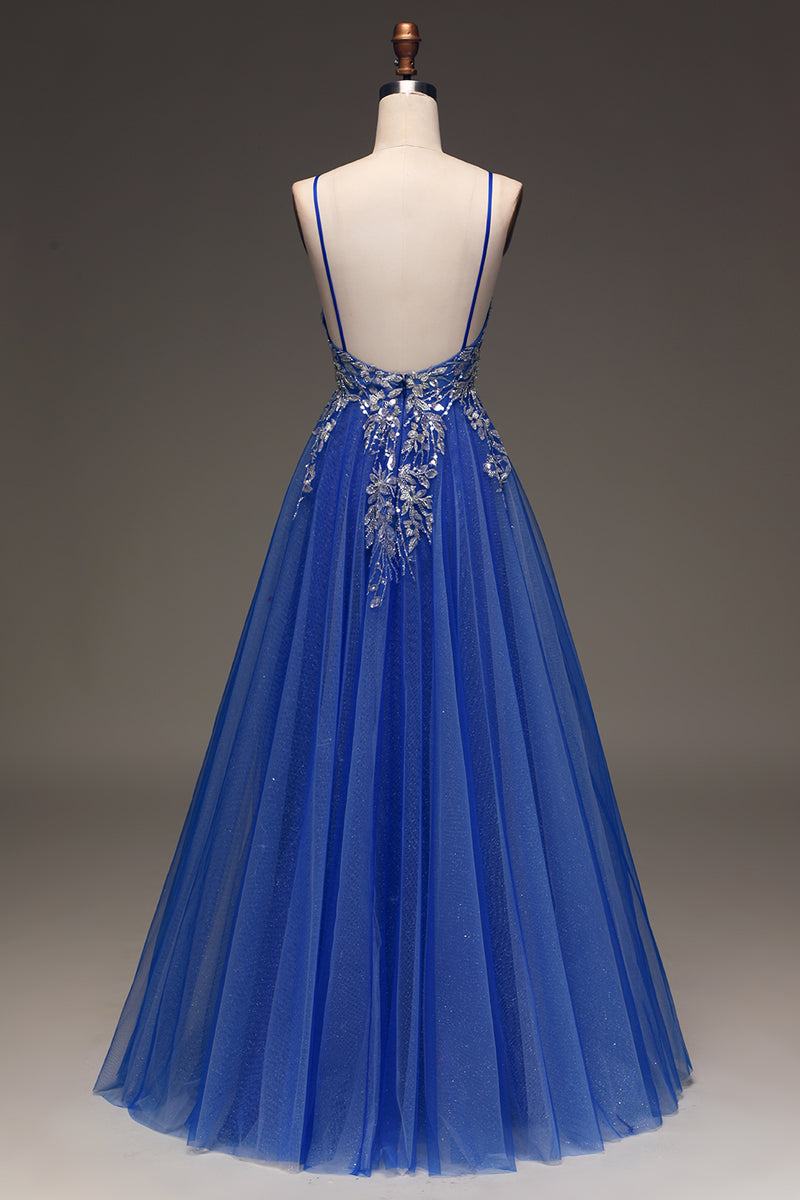 Load image into Gallery viewer, Tulle Spaghetti Straps Royal Blue Ball Gown with Sequins