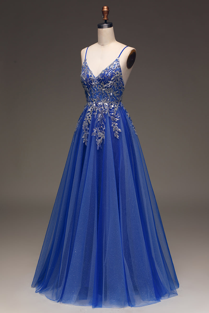 Load image into Gallery viewer, Tulle Spaghetti Straps Royal Blue Ball Gown with Sequins