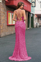Load image into Gallery viewer, Sparkly Sequins Mermaid Royal Blue Prom Dress with Slit