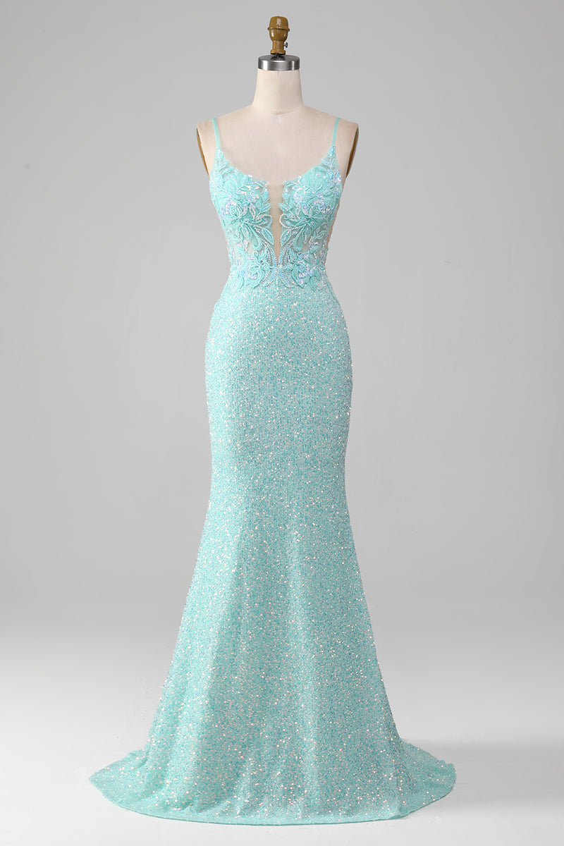 Load image into Gallery viewer, Sequins Sparkly Mermaid Light Green Prom Dress with Slit