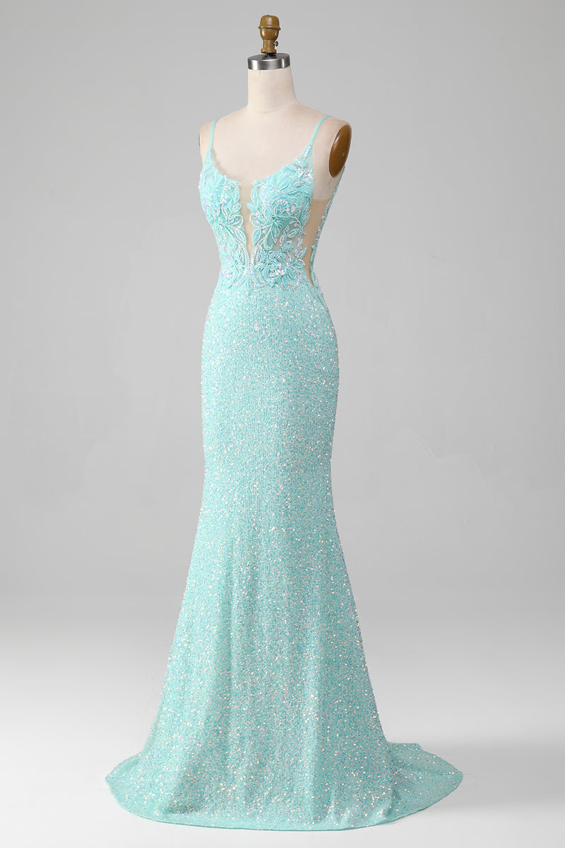 Load image into Gallery viewer, Sequins Sparkly Mermaid Light Green Prom Dress with Slit