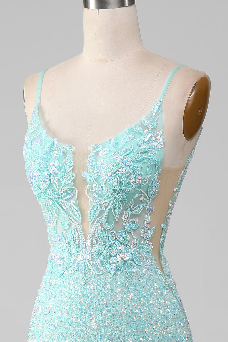 Load image into Gallery viewer, Sequins Sparkly Mermaid Light Green Prom Dress with Slit