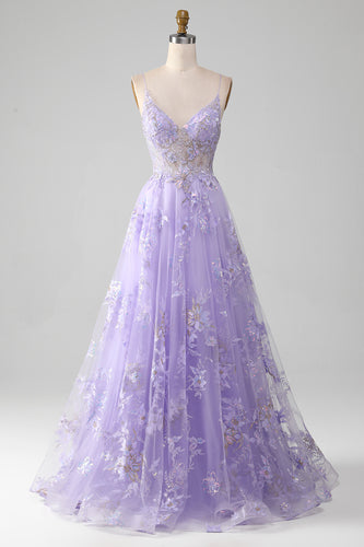 Tulle Spaghetti Straps Purple Sequins Prom Dress with Appliques