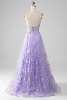 Tulle Spaghetti Straps Purple Sequins Prom Dress with Appliques