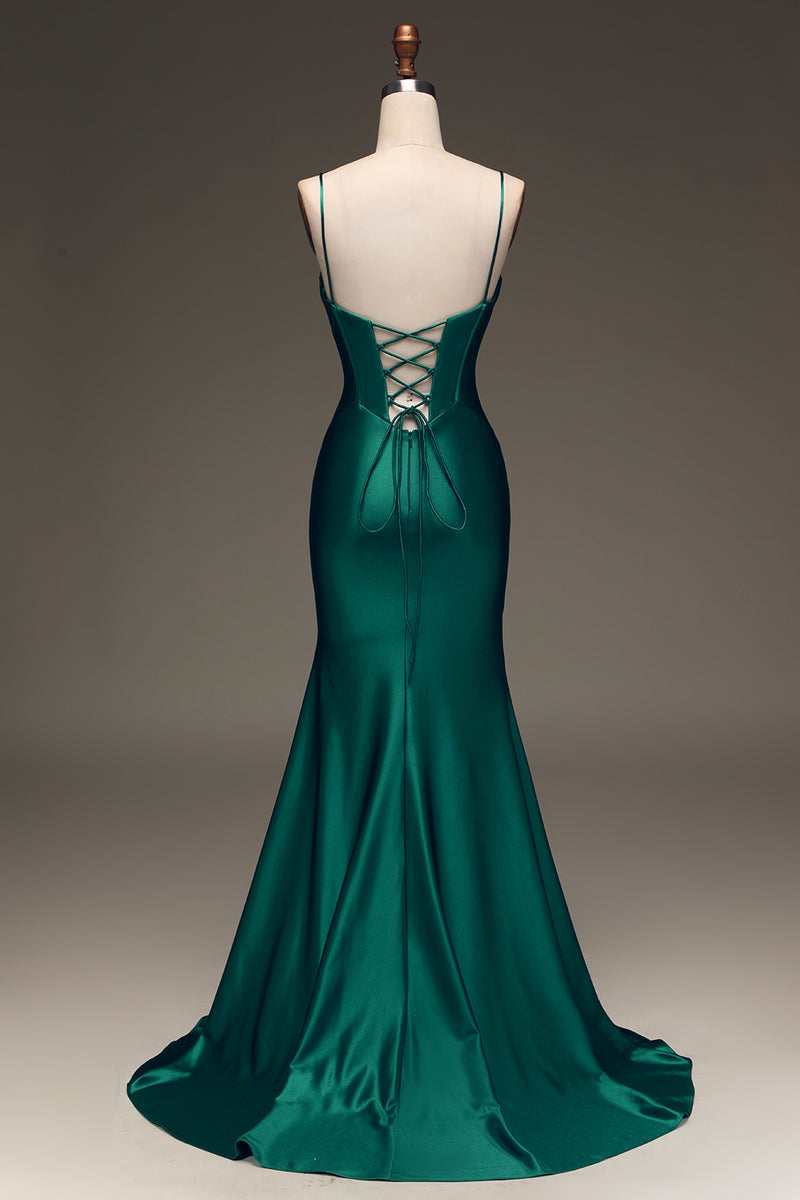Load image into Gallery viewer, Satin Mermaid Lace-Up Back Dark Green Prom Dress