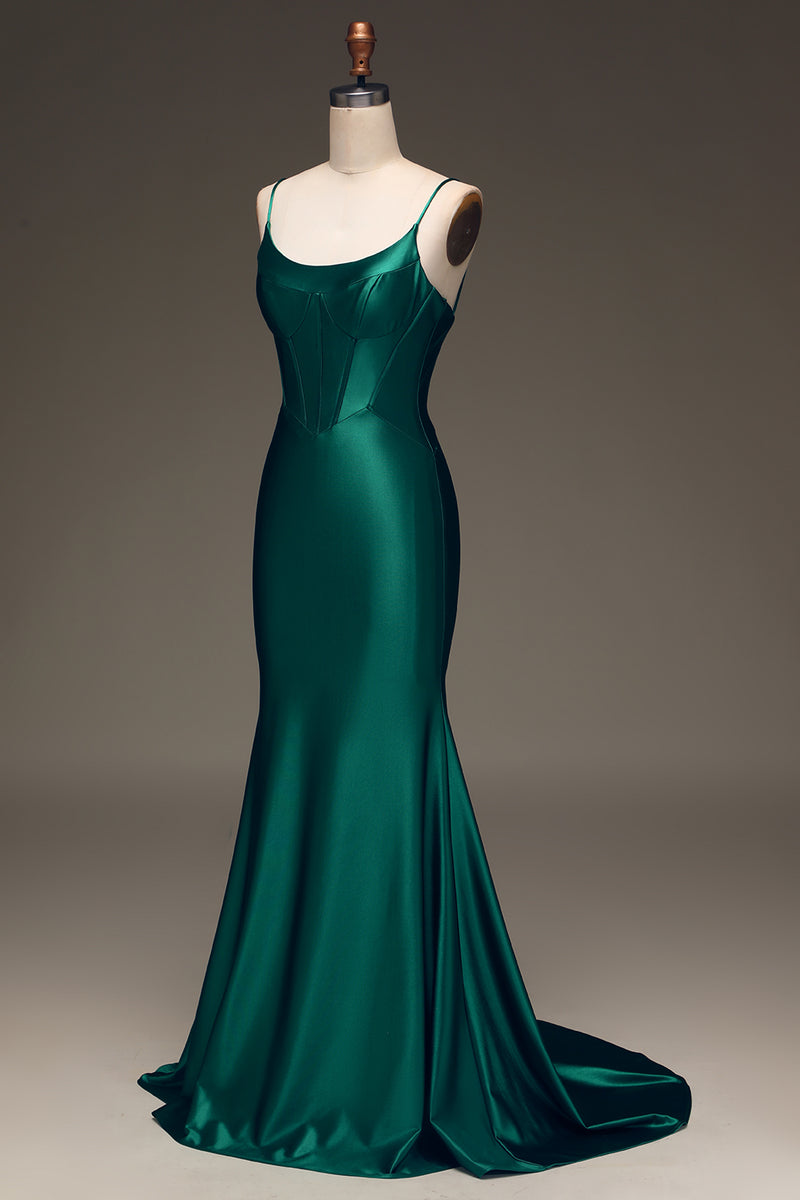 Load image into Gallery viewer, Satin Mermaid Lace-Up Back Dark Green Prom Dress