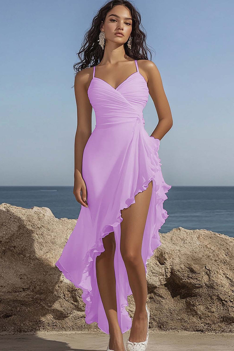 Load image into Gallery viewer, Dusty Rose Chiffon Ruffled V-Neck High-Low Formal Dress