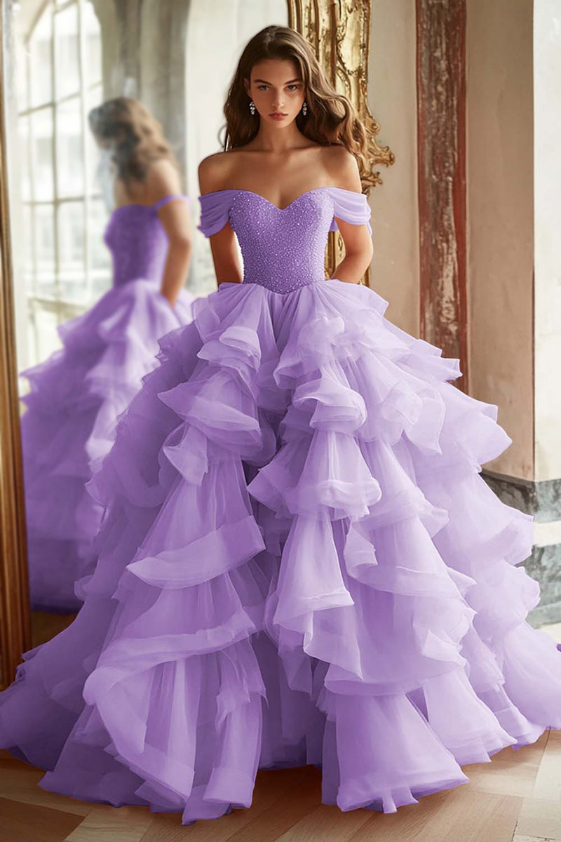 Load image into Gallery viewer, Princess Ball Gown Dusty Blue Off the Shoulder Long Tulle Prom Dress