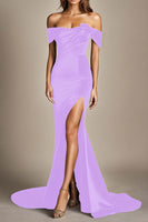 Load image into Gallery viewer, Black Off the Shoulder Mermaid Long Formal Dress with Slit