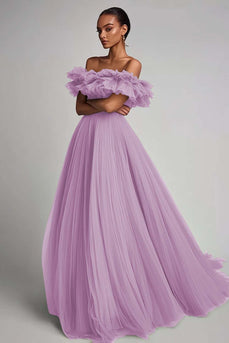 Dusty Rose A Line Tulle Long Formal Dress with Ruffles