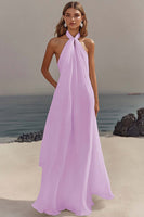 Load image into Gallery viewer, Women Lilac Chiffon A Line Engagement Dress Halter Pleated Long Reception Dress