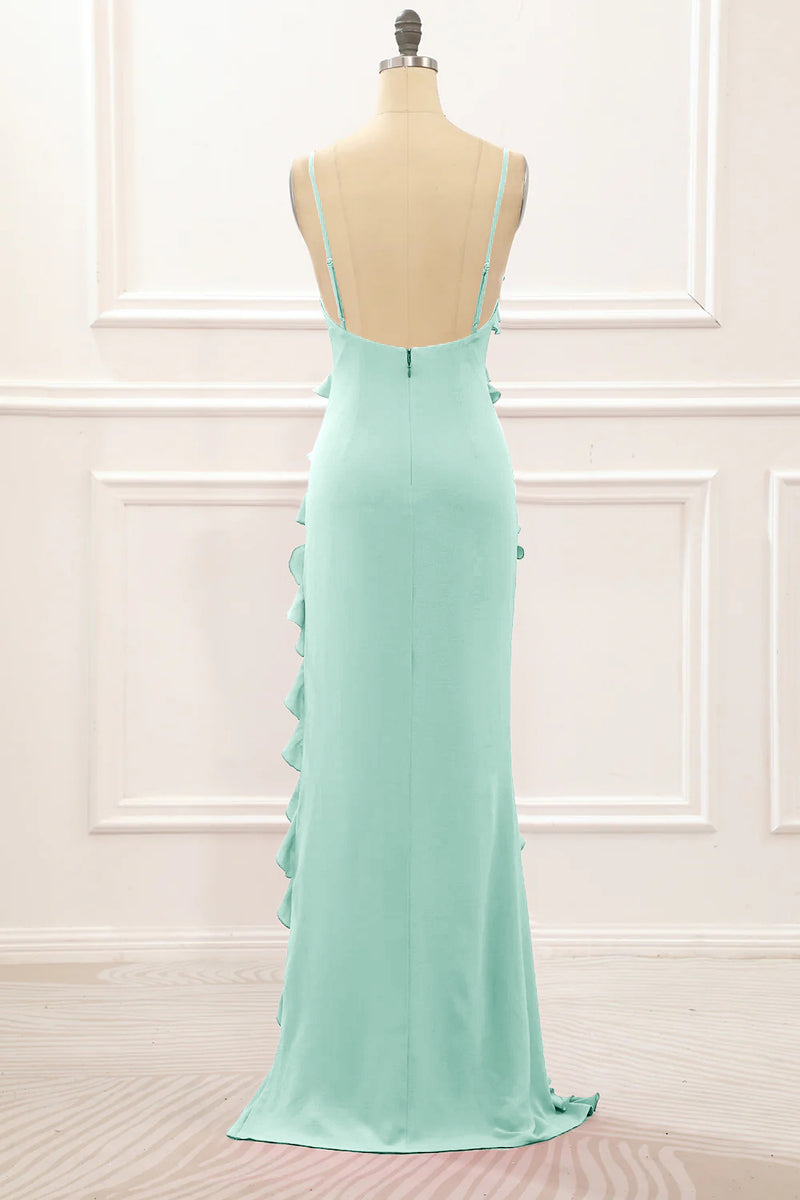 Load image into Gallery viewer, Mint Green Backless Spaghetti Straps Prom Dress With Slit