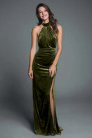 Load image into Gallery viewer, Burgundy Mermaid Halter Velvet Ruched Long Holiday Party Dress with Slit
