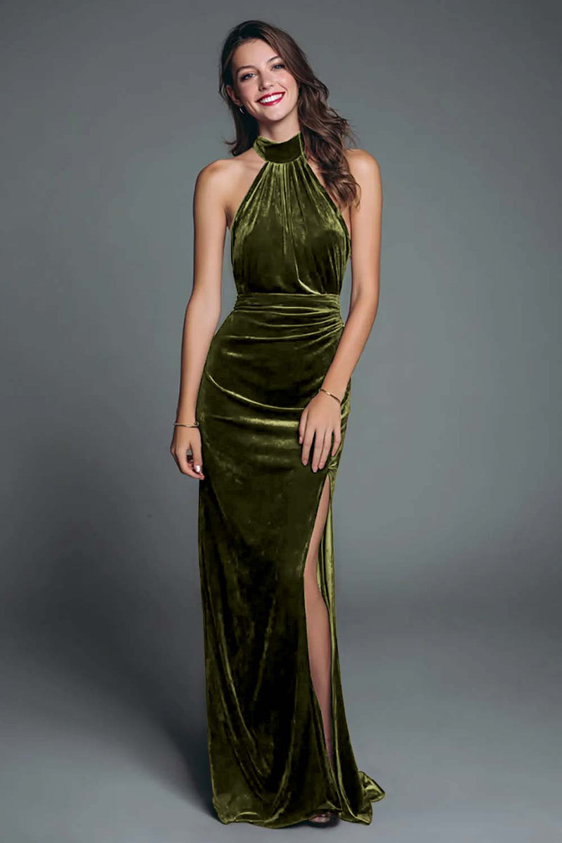 Load image into Gallery viewer, Burgundy Mermaid Halter Velvet Ruched Long Holiday Party Dress with Slit