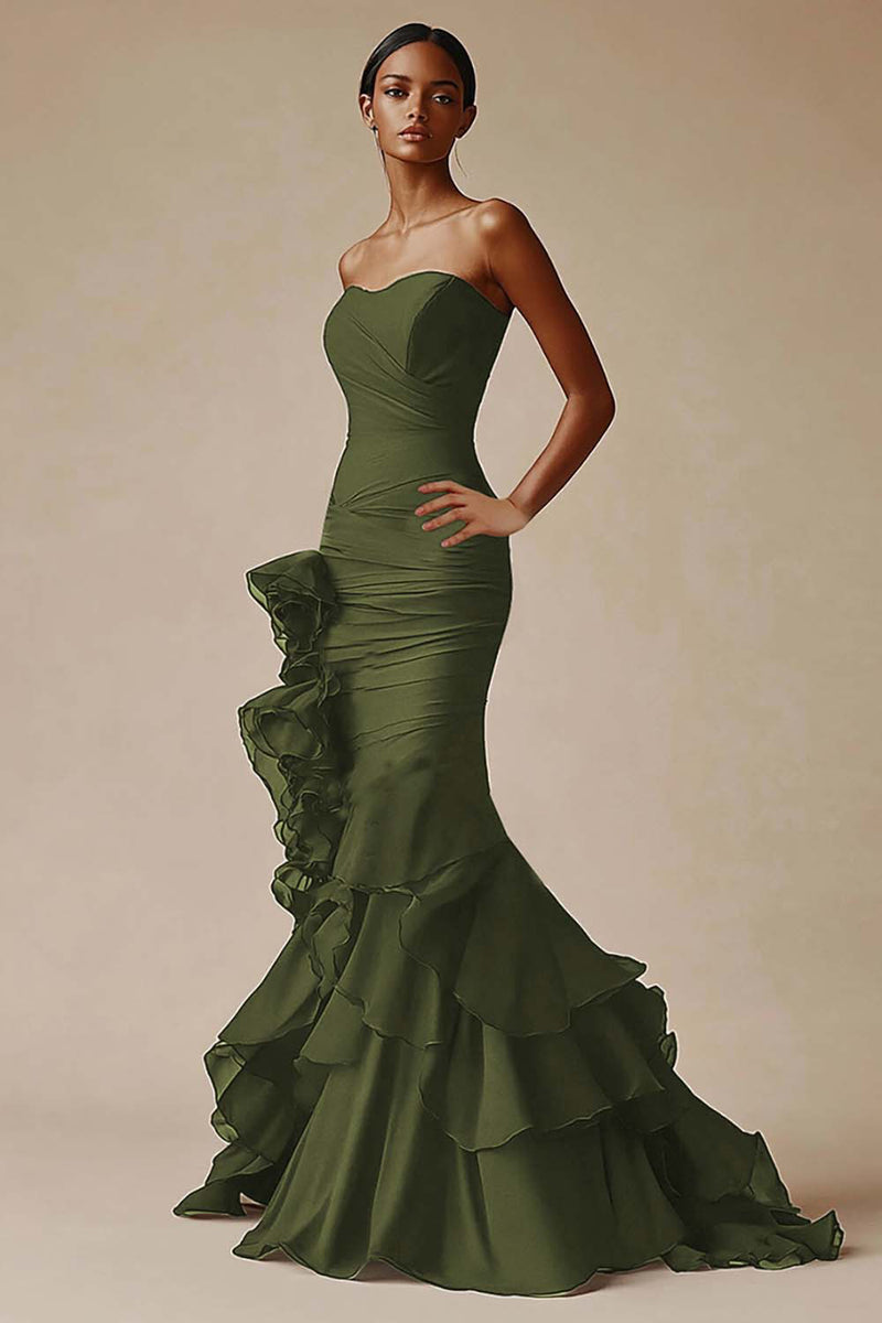 Load image into Gallery viewer, Sweetheart Mermaid Tiered Long Black Tie Dress