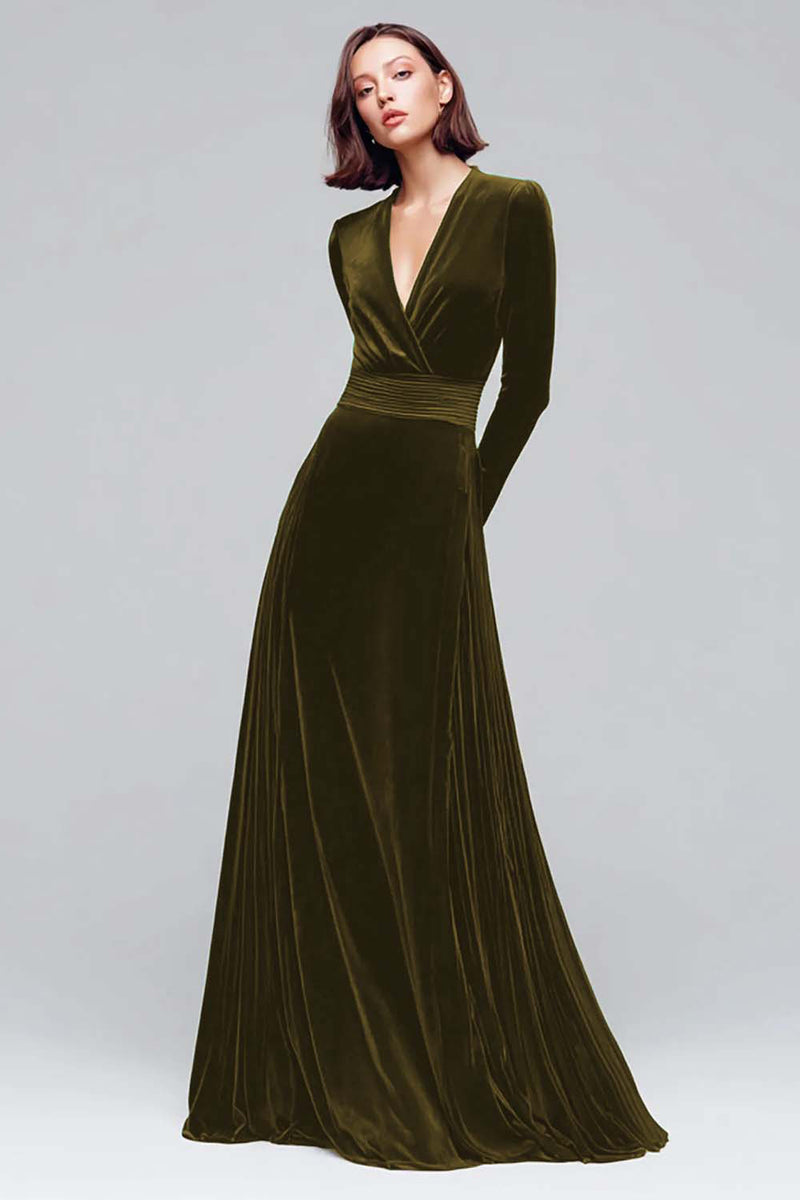 Load image into Gallery viewer, Dark Green A Line V-Neck Velvet Long Sleeves Holiday Party Dress