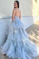 Load image into Gallery viewer, Sparkly Lavender A-Line Laced Halter Corset Tiered Tulle Long Prom Dress with Slit