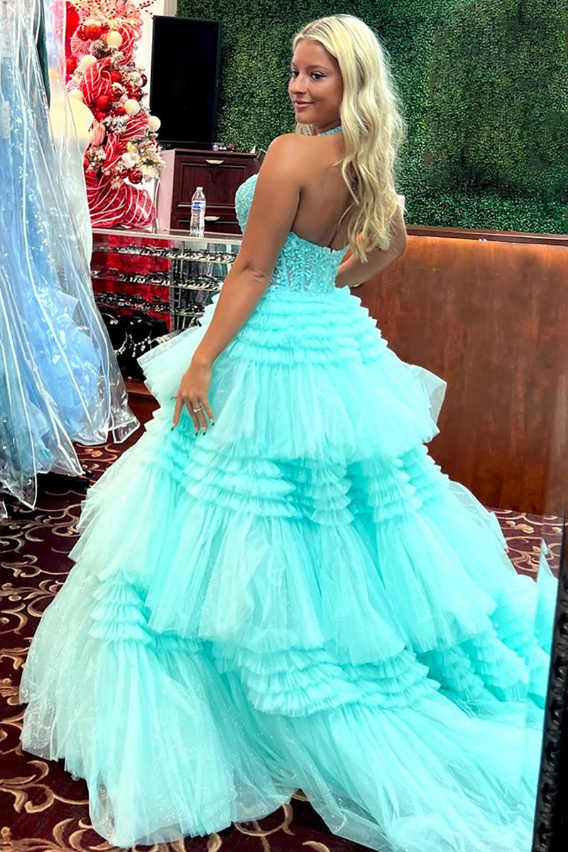 Load image into Gallery viewer, Sparkly Lavender A-Line Laced Halter Corset Tiered Tulle Long Prom Dress with Slit