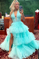 Load image into Gallery viewer, Sparkly Lavender A-Line Laced Halter Corset Tiered Tulle Long Prom Dress with Slit