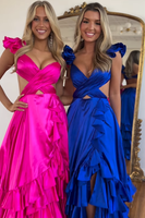 Load image into Gallery viewer, Red A-Line Ruffled Tiered Satin Long Prom Dress with Slit