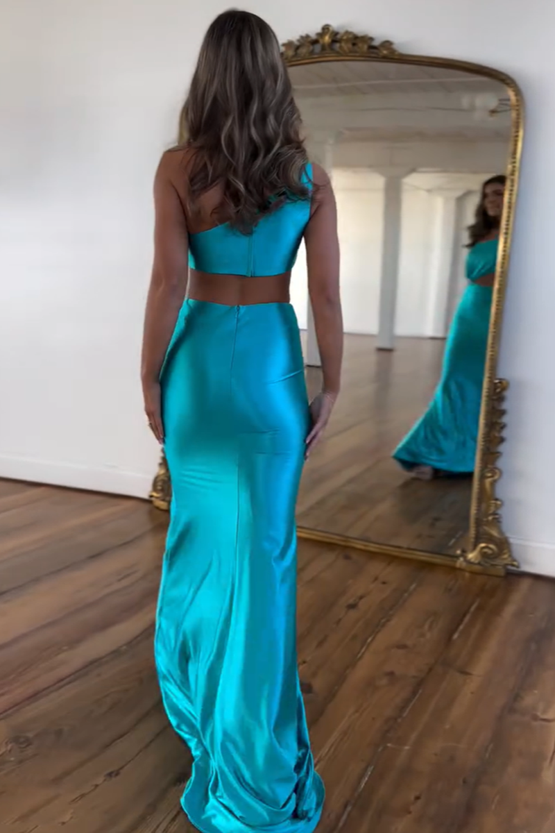 Queendancer Women Sparkly Turquoise Long Prom Dress Mermaid One Shoulder  Satin Evening Dress – queendanceruk