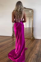 Load image into Gallery viewer, Sparkly Fuchsia Mermaid Beaded Lace Halter Satin Long Prom Dress with Slit