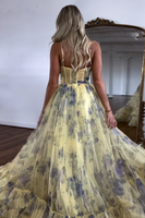 Load image into Gallery viewer, Yellow Floral A-Line Spaghetti Straps Flower Tiered Tulle Long Prom Dress