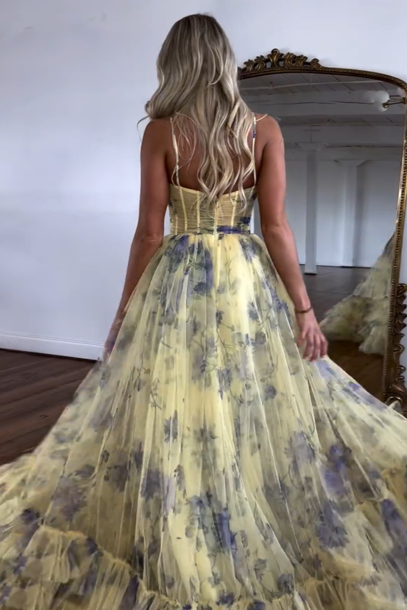 Load image into Gallery viewer, Yellow Floral A-Line Spaghetti Straps Flower Tiered Tulle Long Prom Dress