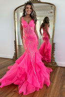 Load image into Gallery viewer, Women Sparkly Hot Pink Long Prom Dress Mermaid Strapless Beaded Corset Evening Dress with Slit