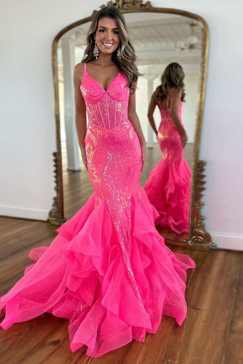 Load image into Gallery viewer, Women Sparkly Hot Pink Long Prom Dress Mermaid Strapless Beaded Corset Evening Dress with Slit