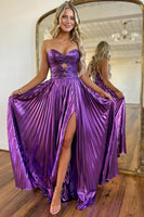Load image into Gallery viewer, Metallic Purple A-Line Strapless Ruched Long Prom Dress with Slit