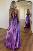 Load image into Gallery viewer, Metallic Purple A-Line Strapless Ruched Long Prom Dress with Slit