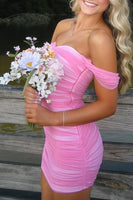 Load image into Gallery viewer, Red Bodycon Off the Shoulder Ruched Short Prom Dress