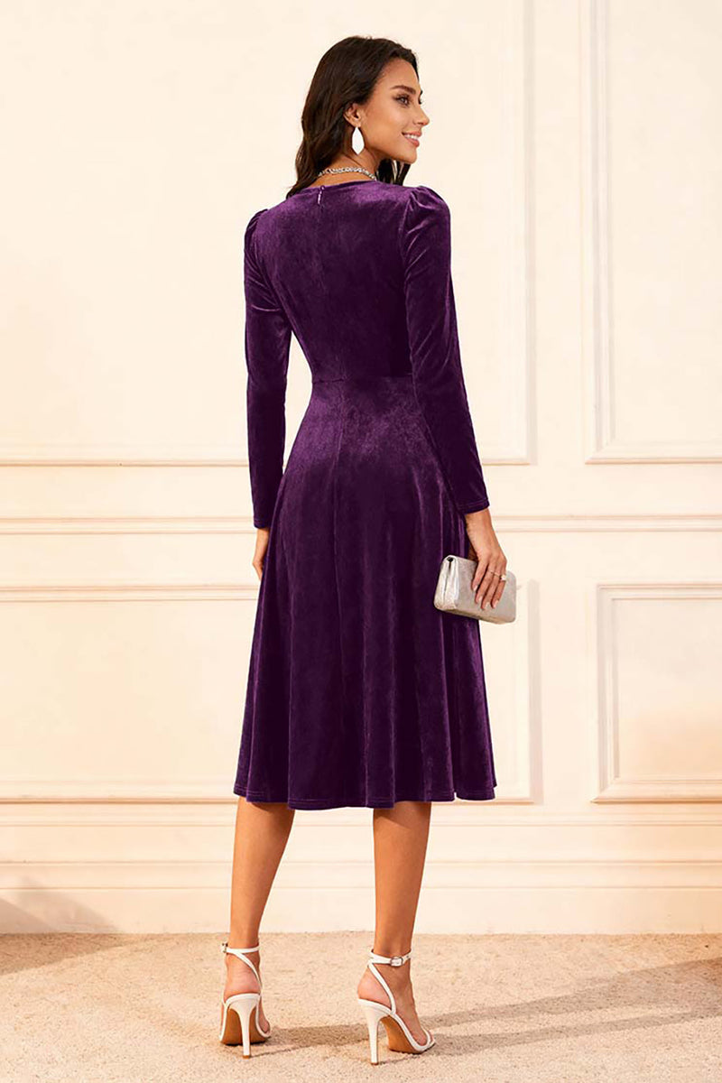 Load image into Gallery viewer, Dark Green Velvet A Line Midi Glitter Holiday Party Dress with Sleeves