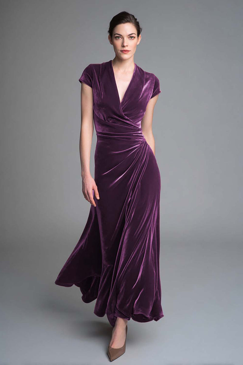 Load image into Gallery viewer, Plum Ruched V Neck Velvet Long Holiday Party Dress with Sleeves