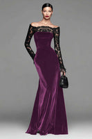 Load image into Gallery viewer, Burgundy Velvet Long Sleeves Mermaid Holiday Party Dress with Lace