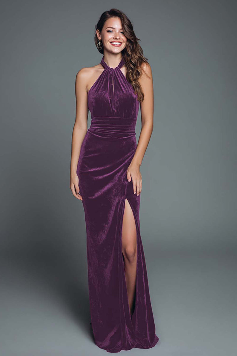 Load image into Gallery viewer, Burgundy Velvet Halter Mermaid Long Holiday Party Dress with Slit