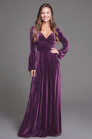 Load image into Gallery viewer, Burgundy Velvet V-Neck A-Line Long Holiday Party Dress with Sleeves