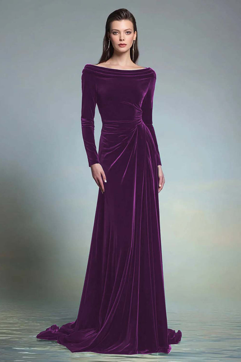 Load image into Gallery viewer, Cabernet Velvet Bateau Neck Long Formal Dress with Sleeves