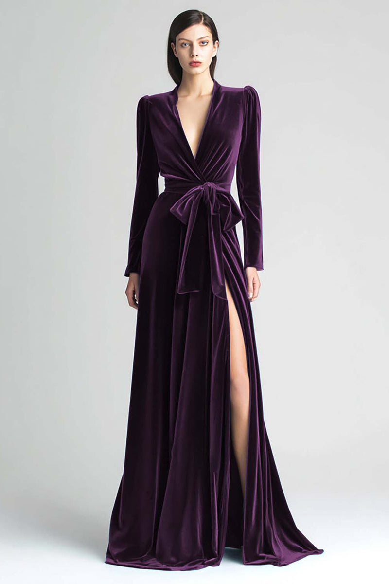 Load image into Gallery viewer, Peacock Blue A Line Ruched Velvet Long Sleeves Holiday Party Dress with Sash