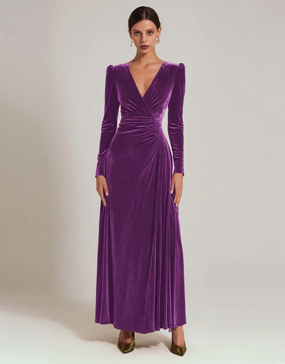Load image into Gallery viewer, Olive A Line V-Neck Velvet Long Holiday Party Dress with Sleeves