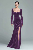Load image into Gallery viewer, Dark Green Square Neck Velvet Long Holiday Party Dress with Slit