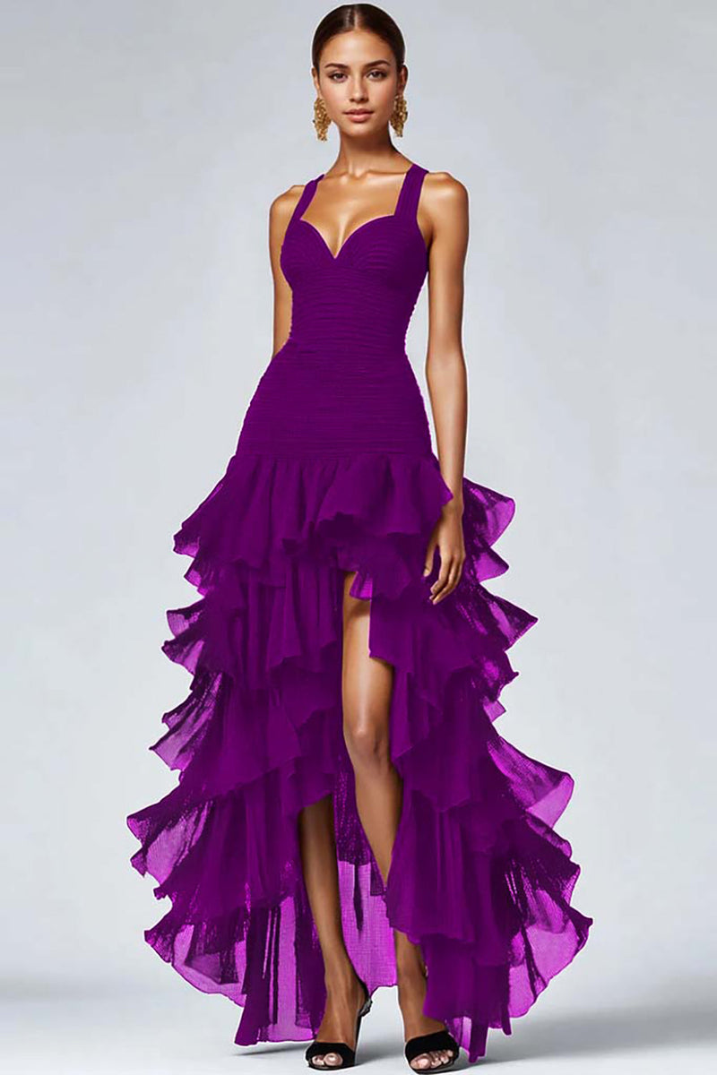 Load image into Gallery viewer, Women Plum Organza Ruffled Formal Dress Spaghetti Straps A Line High Low Black Tie Dress