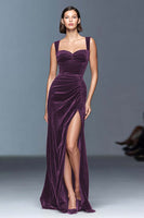 Load image into Gallery viewer, Red Velvet Ruched Long Holiday Party Dress with Slit