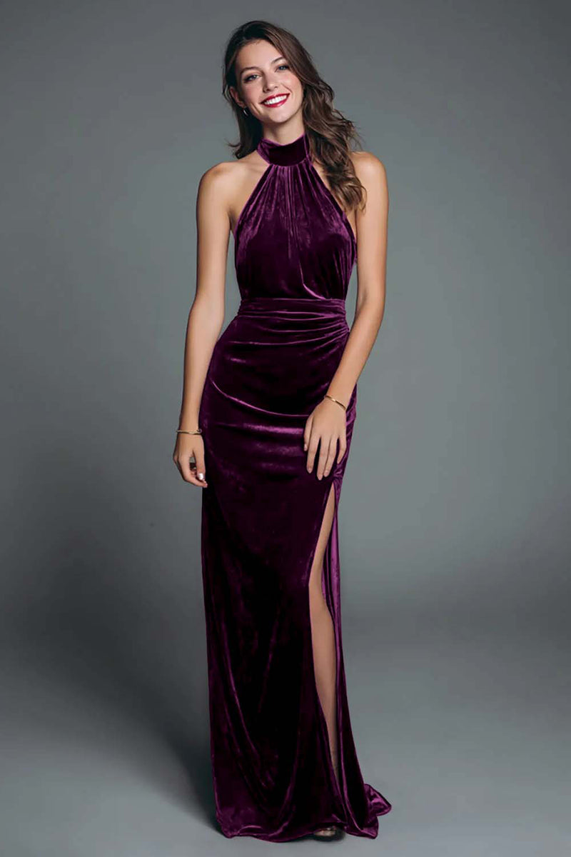 Load image into Gallery viewer, Burgundy Mermaid Halter Velvet Ruched Long Holiday Party Dress with Slit