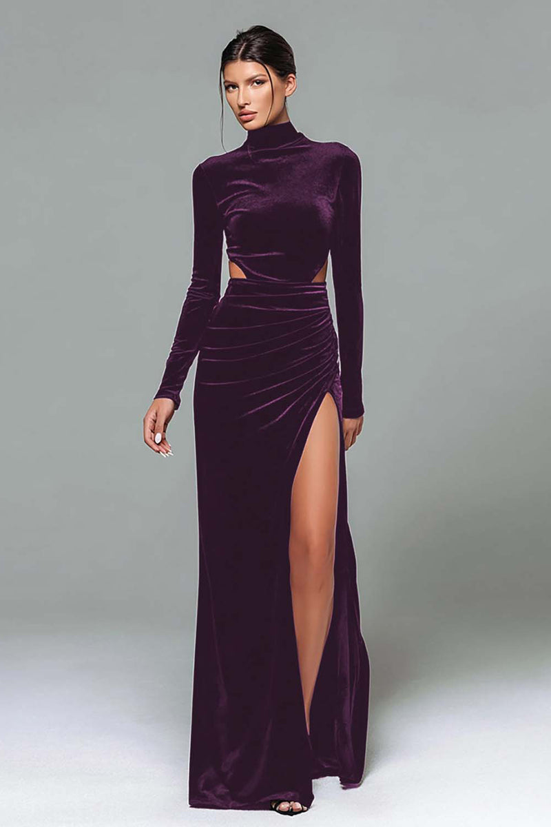 Load image into Gallery viewer, Plum High Neck Velvet Sheath Cut Out Long Holiday Party Dress